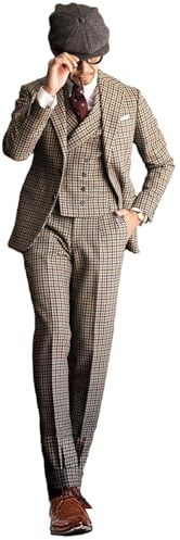 Pkrboro Hommes Costume Trois pièces Veste Pied-de-Poule et Pantalon Gilet dîner de Gala Smoking