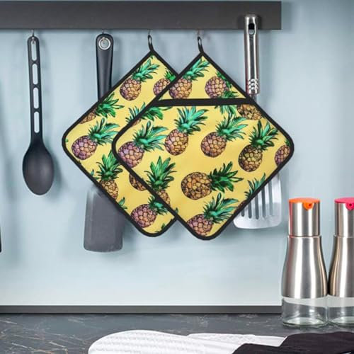 Topflappen mit Ananas auf gelbem Stoff, bedruckt, rutschfest, hitzebeständig, mit Taschen, Esstisch-Topflappen mit Schlaufe zum Kochen, Backen, 20,3 cm, 2 Stück