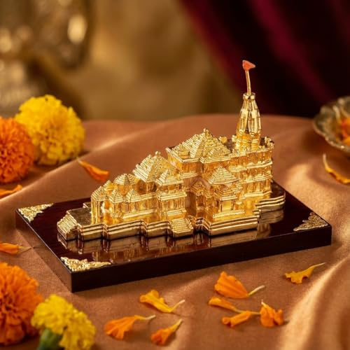 ZAARIYA Ram Mandir Ayodhya Modell 3D Idol mit Sockel für Heimdekoration, Geschenk, Tempeldekor | Shri Rama Janmabhoomi Mini-Statue (Gold mit Sockel) – 15,2 x 12,7 x 11,4 cm