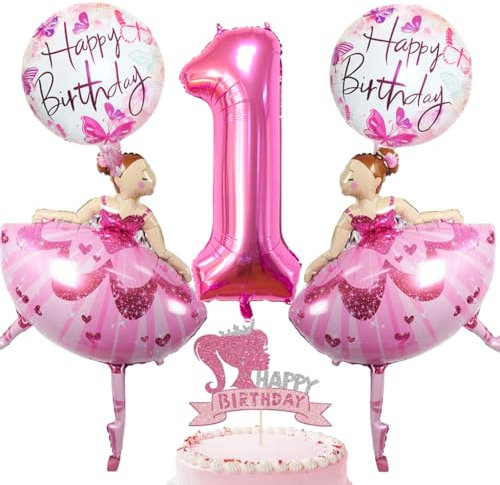 Feelairy Ballerina Deko Geburtstag 1 Jahr Mädchen, Rosa Folienballon 1 Geburtstag Mädchen, Tortendeko Happy Birthday Deko Mädchen 1 jahr Ballons Ballerina für 1. Geburtstag Mädchen Party Deko