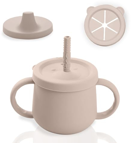 PICOCACA | Vaso de Aprendizaje Bebé 4 en 1 | Taza Infantil con Pajita, Boquilla, Recipiente para Snacks y Asas (Beige)
