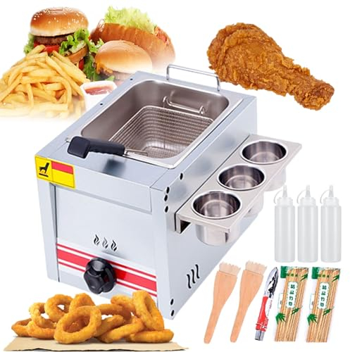 Friteuse À Gaz Commerciale Avec Support À Condiments, Friteuse À Huile Et À Graisse Amovible En Acier Inoxydable Avec Panier À Friture, Couvercle Et Bouteilles De Condiments À Presser,10L