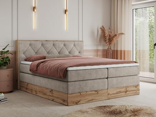 MKS MEBLE King Boxspringbett 200x200 mit Bettkasten Eiche, Polsterbett 200x200 mit Matratze H3, Bett 200x200 mit Kopfteil, Bett mit Holzrahmen in Wotan Eiche - Beige Struktur - Veneto King