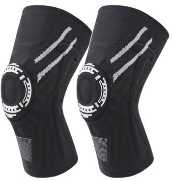 Coogime Lot de 2 genouillères pour homme et femme, avec soutien des ressorts en T des deux côtés et coussinet de rotule en silicone, support du genou, genouillère (noir/gris, taille L)