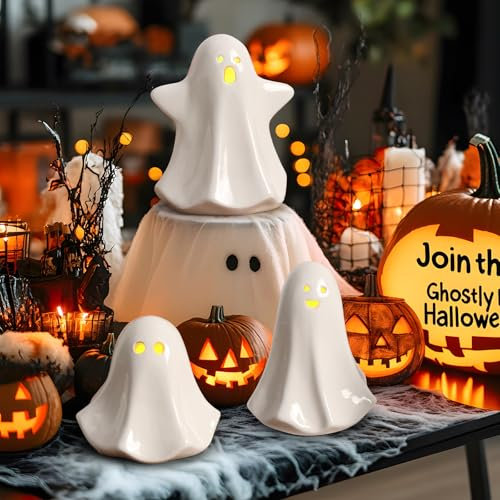 FHzytg Halloween Geisterfigur, Keramik Geist Statue mit LED Licht, Gruselige Keramik Geister Deko für Zuhause, Resin Geisterfigur für Innen, Halloween Tischdeko und Regaldekoration