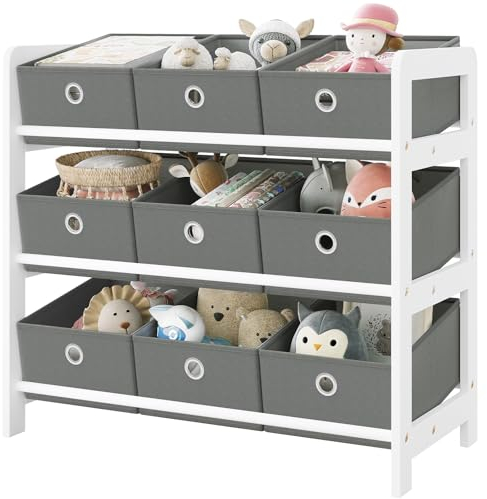 Lestarain Toy Storage Unit with 9 Removable Boxes, Kids Storage Shelf Toy Organiser Bookshelf, for Nursery, Playroom, Study, Bedroom, Living Room, White+Grey
