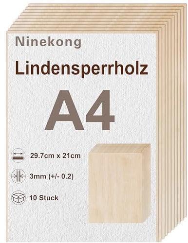 10 Stück Lindenholzplatte A4,sperrholzplatte 3mm,297x210mm Bastelbrett,Pappel-Sandwich, Lindensperrholz, geeignet zum Laserschneiden und Gravieren, Dekupiersäge, Brandmalerei, CNC-Fräsmaschine