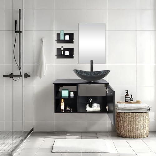 YU YUSING Ensemble de Meubles de Salle de Bain avec Miroir et Lavabo en Verre, Meuble de Salle de Bain sous Lavabo avec 1 Armoire de Rangement Noir et 1 Tiroir, 3 Pièces, Moderne, (Ovale Gris Foncé)