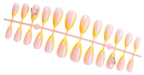 24 Pcs Almond Shape Acrylic Nails Butterfly Full Covers Stick On Nails Yellow French Tip Press On Nails False Nails