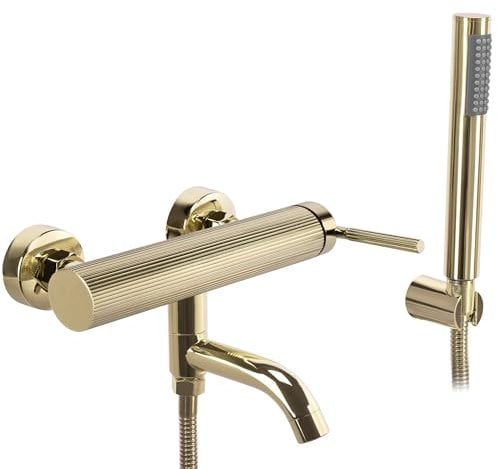Rea Rubinetto Vasca da Bagno Argon Gold Miscelatore Vasca con Doccetta in Ottone per Bagno Caldo e Freddo regolabile (Oro)