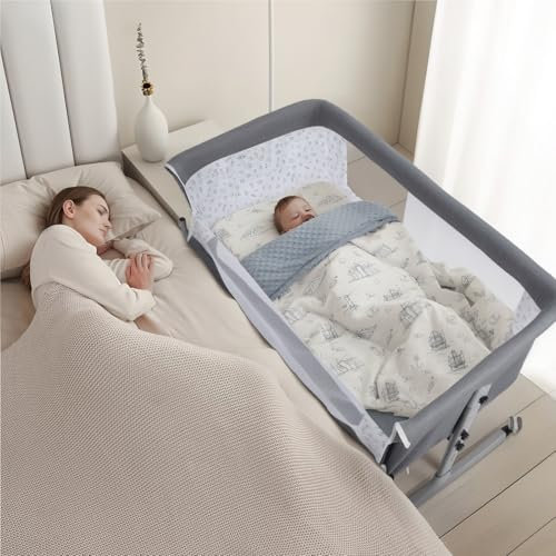 3 in 1 Baby Bassinet, Bedside Sleepers, Adjustable Height Infant Bedside Crib with Cradle & Mosquito Net, Movable Rocking Bassinet with Wheels, Babies Cradle, Portable Baby Bed Travel Cot for Newborn