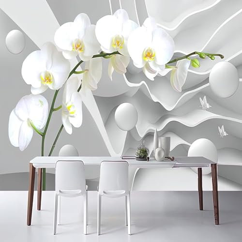Fototapete Weiße Orchideen 3D Effekt Vliestapete Abstrakte Geometrie Foto Tapete Wohnzimmer Schlafzimmer Flur Wandtapete Motivtapeten Bildtapete Wand Deko 200x140 cm 6147a