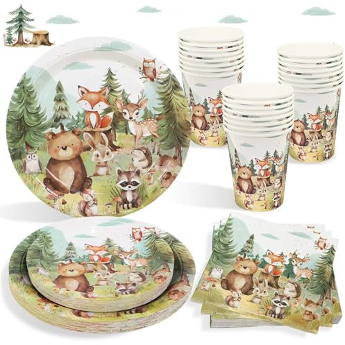 Waldtiere Geburtstag Deko Pappteller Set, 100pcs wiederverwendbare Pappteller Kindergeburtstag Pappbecher Servietten für Geburtstagsdeko Junge Mädchen, 25 Gäste