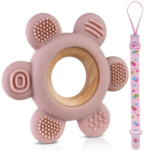 Vicloon Beißring für Baby, Baby-Beißspielzeug aus Silikon Ruder Greifling Beißspielzeug mit Schnullerketten für ab 3 Monaten (Rosa)