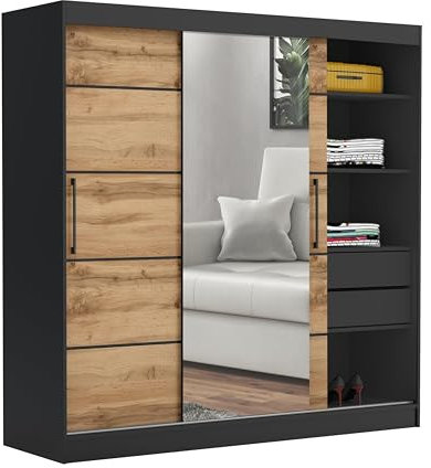 Brent - Kleiderschrank mit Spiegel und Schubladen 200cm Breit Chelsea Tomy, Schwebetürenschrank mit Spiegel, Schlafzimmerschrank, Kleiderschrank Schwarz/Wotan Eiche
