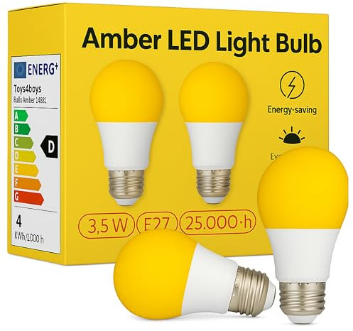 Toys4Boys Amber LED Glühbirne E27 – Warmes, Augenfreundliches Nachtlicht Ohne Flimmern – Fördert Melatoninproduktion – 3,5W Energiesparend & Langlebig – Ideal für Schlafzimmer & Entspannung