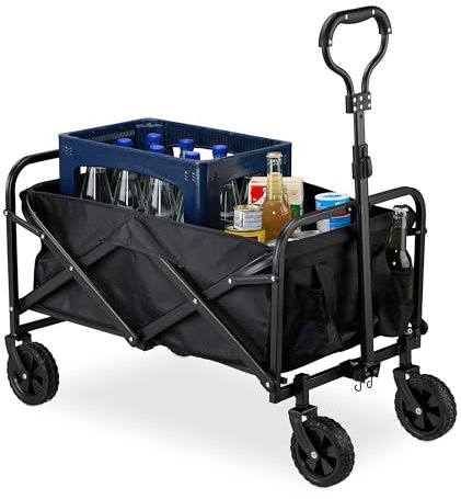 Relaxdays Bollerwagen, faltbar, 100 kg, Teleskopgriff, Gummireifen, Transportwagen Einkauf, Camping, Strand, schwarz