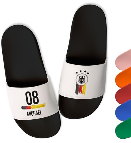 True Statements Deutschland Badelatschen - personalisiert mit Zahl & Namen - EM WM Fußball Fanartikel - Badeschlappen Herren Damen Kinder - Fan Geschenk - aus robustem PVC, Schwarz-Weiß, Gr. 44