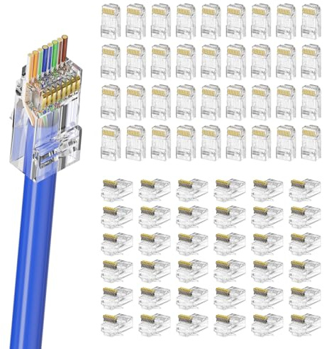 CableGeeker Lot de 100 connecteurs RJ45 pass-Through Cat 6, extrémités Cat6 plaquées or, connecteurs à sertir compatibles avec Cat5/Cat5e, prise modulaire réseau pour fil solide ou toronné