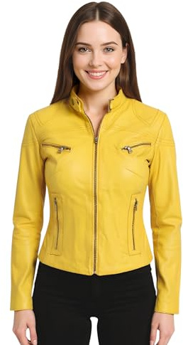 Women's Fashion Classic Real Leather Yellow Biker Slim Fit Jacket