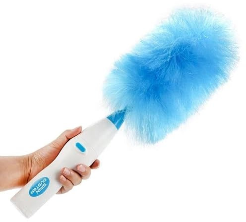Electric Rotating Duster, 360 Degree Spin Cleaning Brush with Blue Fluffy Head, Battery Powered Automatic Dusting Tool for Home