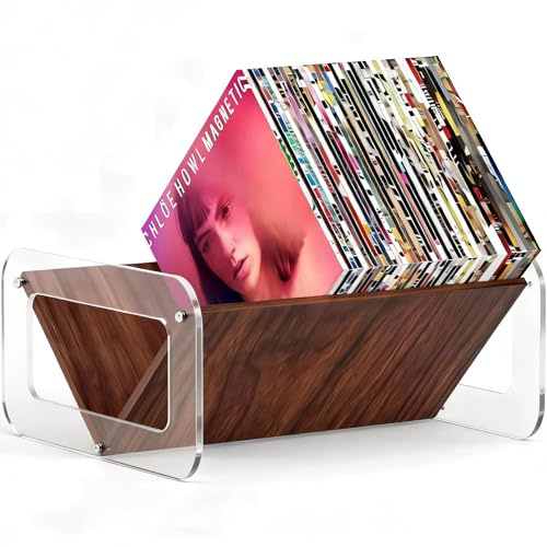 ULYVU Vinyl Record Storage, Acrylic & Wood Record Holder, 80 Capacity Vinyl Display Shelf, Modern Record Organiser for Albums, Magazines & Books - Brown