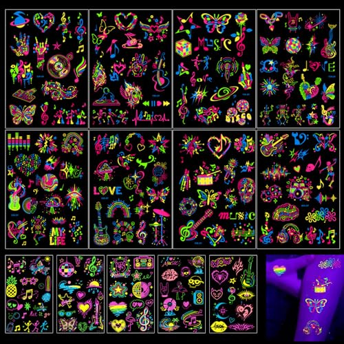 Qpout 13 Blatt Leuchtende UV-Temporäre Tattoos Neon Musik Disco Gitarre Fluoreszenz Blinkende Fake-Tattoo-Sticker für Frauen und Männer Gesicht Körperkunst Rave Festival Tanzparty Dekorationen