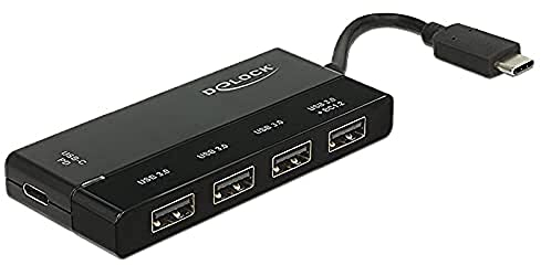 Delock Externer USB 3.1 Gen 1 Hub USB Type-C 4 x USB Typ-A + 1 x USB Type-C PD,Datentransferraten bis zu: - SuperSpeed USB 5 Gbps, Plug & Play, USB Kabel direkt am Hub,Chipsatz: VIA VL813, 62793, Schwarz