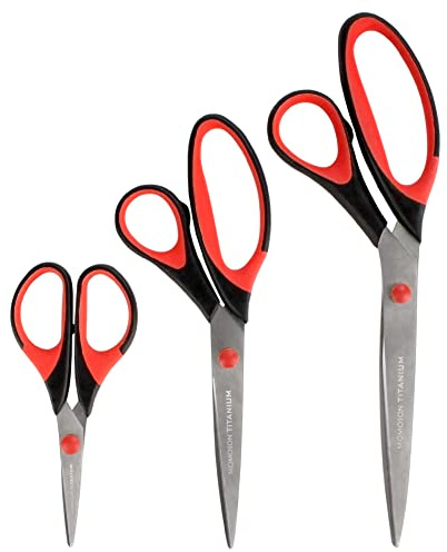 BambooMN Titanium Softgrip Scissors Set for Sewing Arts Crafts Office - Jubilee Yarn - 1 Set of 3 - Black W/Red Inlays