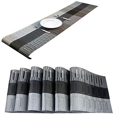 Tischsets und Tischläufer aus gewebtem Vinyl, hitzebeständig, schmutzabweisend, waschbar, PVC-Tischsets, Küchentischmatten für Esstisch (6 Tischsets + 1 Tischläufer, grau & schwarz)