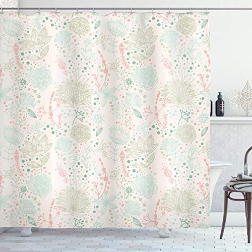 ABAKUHAUS Blumen Duschvorhang, Soft Toned Naturthema, mit 12 Ringe Set Stielvoll Modern Farbfest und Schimmel Resistent, 175x180 cm, Hellgrün Mintgrün Korallenrot