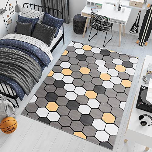TAPISO Pinky Teppich Kurzflor Grau Weiß Gelb Modern Geometrisch Figuren Design Jugendzimmer Kinderzimmer Wohnzimmer ÖKOTEX 140 x 200 cm