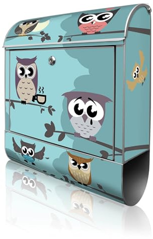 banjado Design Briefkasten personalisiert 38,5x46,5x13cm & 2 Schlüssel - Briefkasten Stahl Weiß Zeitungsfach pulverbeschichtet - Postkasten A4 Einwurf inkl. Montagematerial - Motiv Acht Eulen