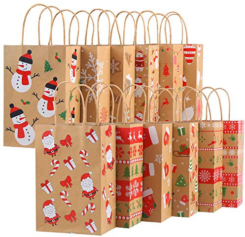LOKIPA Christmas Kraft Gift Bags,12 Pieces Christmas Paper Goody Treat Candy Bags with Handle