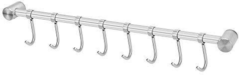 INTIRILIFE Hängeleiste für die Küche aus Edelstahl mit 8 beweglichen Haken zum Bohren - 47.7 x 3.4 x 2.2 cm - Küchen Reling Hakenleiste Halter Küchen Utensilien Stange Tassenhalter Wandhalterung