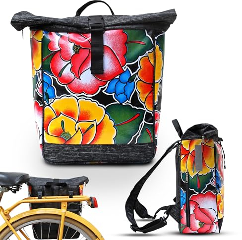 Ikuri Fahrradtasche/Rucksack Kombi Fahrradrucksack aus Wachstuch für Gepäckträger Packtasche Wasserdicht für Frauen - Model Tehuana schwarz