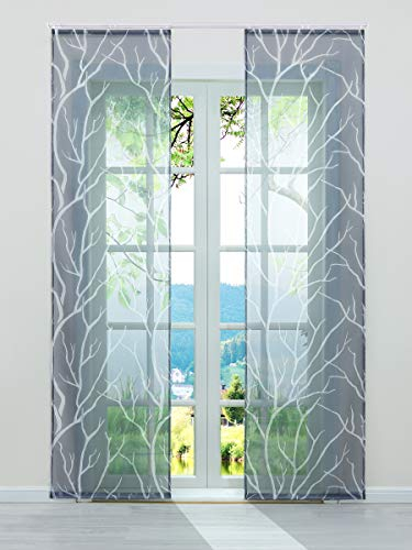 ESLIR Schiebegardinen Set 2er Flächenvorhänge Gardinen mit Klettband Schiebevorhang Transparent Vorhang mit Zweige Muster Voile Grau BxH 57x245cm 2 Stück