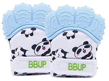 2 Pack Food Grade Silicone Teether Glove, Teething Mitten for Babies, Baby Teether(4 Fingers) (Blue)