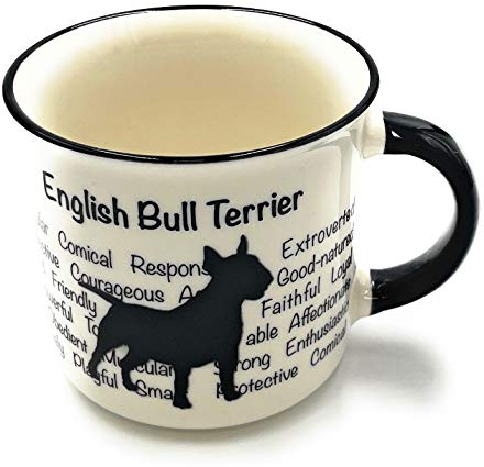 English Bull Terrier Mug - Dog Silhouette in Black on White Mug, Characteristics on Cup. Coffee Mug/ Tea Cup. Great Gift/ Present idea for Dog Owners.