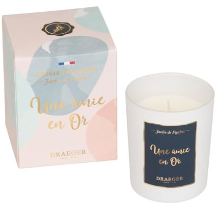 DRAEGER PARIS - Bougie Cadeau blanche Parfumée Jardin de figuiers - Idée Cadeau Amie Copine Anniversaire - Message personnalisé Une amie en Or - 100% Cire Végétale - 40h de combustion
