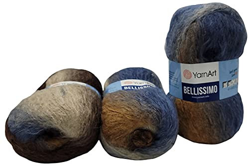 Yarnart Bellissimo 3 x 150 Gramm Strickwolle mit Mohair, 450g Wolle mit Farbverlauf (braun blau cremeweiss 1417)