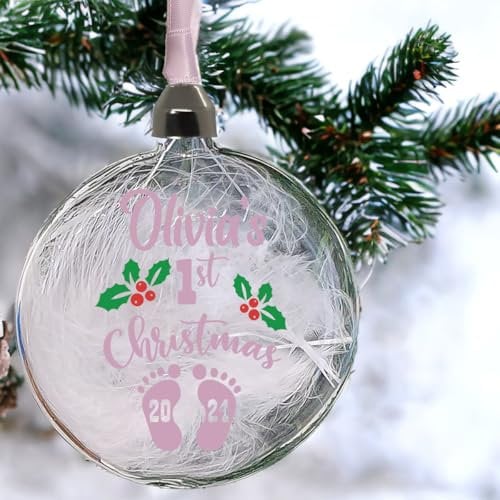 Personalised First Christmas Bauble Glass In 3 Colours Filled With White Feather or Crystals Baby’s 1st Christmas tree decoration (Pink)