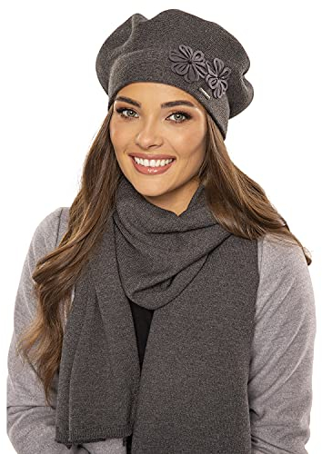 VIVISENCE Damen Baskenmütze Eleganter Wintermütze Und Schal Set Warm Kopfbedeckung Und Halsbedeckung An Winter Und Herbst Warm Dick, Winterset Für Frauen, Hergestellt In EU, Dunkelgrau