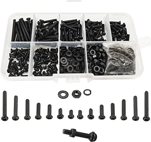 WeqeYent 600 Stücke Schrauben Muttern Set, M3 Schrauben Set, Maschinenschrauben, Unterlegscheiben Hardware Tools, M3 Schraube Schraubenmutter Sortiment(Schwarz)