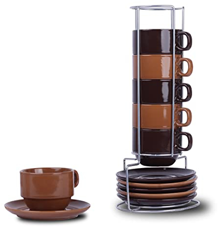 Stackable 5oz Espresso Coffee Cups With Saucers and Stand - Set of 6