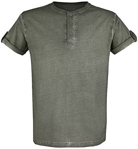 Black Premium by EMP Herren grünes T-Shirt mit Knopfleiste und umgeschlagenen Ärmeln