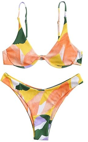 ZAFUL Set bikini da donna in due pezzi, motivo leopardato criss Cross Push Up High-Cut, Blocco di colore b-c, L