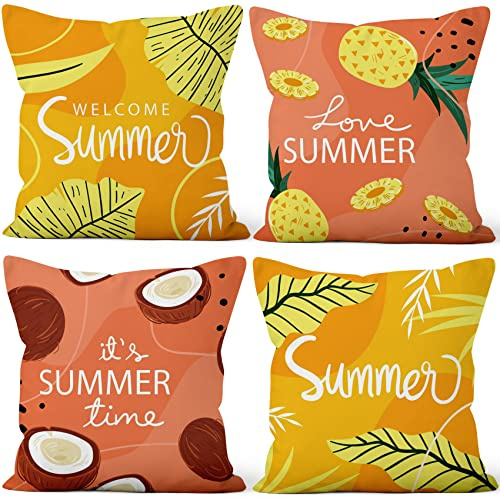 Aoihrraan 40x40cm Lot de 4 Housse de Coussin Été Fruits Tropical Feuilles Orange Rose Doux Court Peluche Carré Taie d'oreiller Décor Maison pour Chambre Salon Canapé Balcon Patio Jardin Chaise