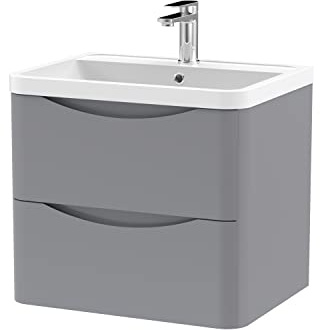 nuie LUN202 Lunar Modern Bathroom Wall Hung 2 Drawer Vanity Basin Unit & Polymarble Basin, 600mm, Satin Grey