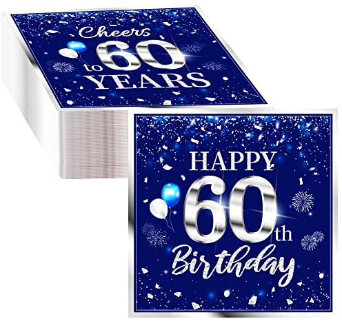 40 Stück Servietten zum 60. Geburtstag, Party-Dekorationen, 60 Jahre alt, silberblau, Einweg-Servietten, für Geburtstag, Getränke, Dessert, Kuchen, Tischdekorationen, 2-lagig, silberfarben, blauL8